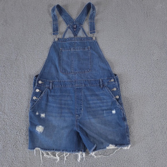 GAP Pants - Gap Overalls Women XL Baggy Bib Denim 4" Shortall Cut Off Distressed Medium Wash